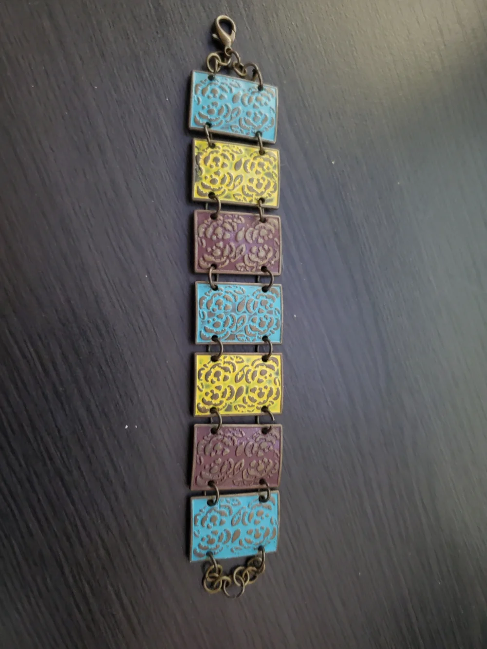 Floral Panel Link Bracelet in Blue and Yellow